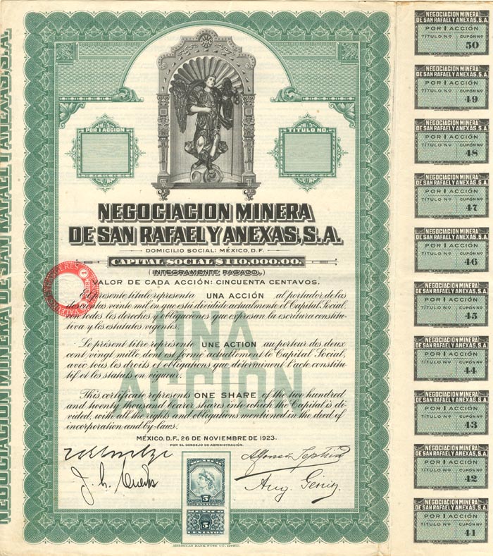 Negociacion Minera De San Rafael Y Anexas, S.A. - Stock Certificate